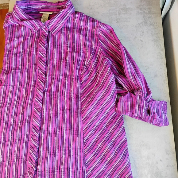 Catherines Metallic Purple Striped Roll Tab Button Down Shirt Plus Size 2X - Picture 5 of 9